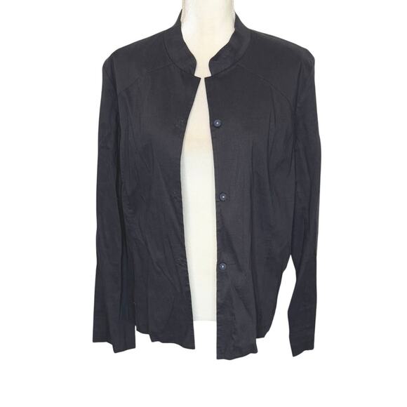 EILEEN FISHER Women's XL Italian Linen Button Blazer Black Mandarin Collar Moto - Picture 1 of 13